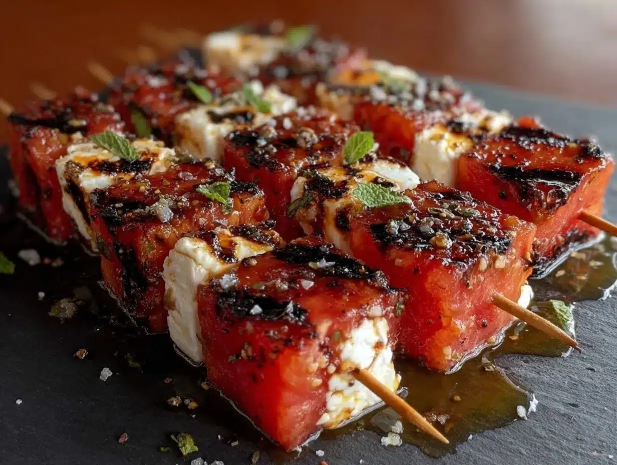 fresh grilled watermelon and feta skewers preparation steps