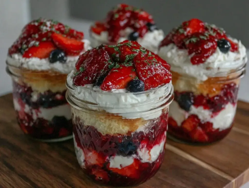 red white and blue berry trifle mason jars - featured image