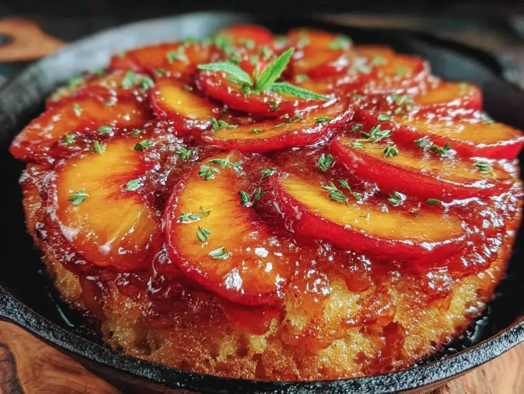 brown butter peach upside-down skillet cake - featured image