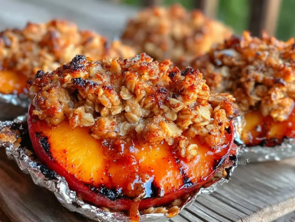 campfire grilled peach crisp - featured image
