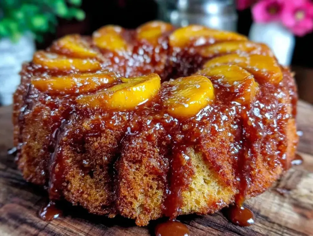 caramelized peach upside down bundt cake - featured image
