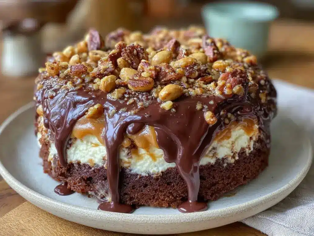 chocolate peanut butter drip cake - featured image