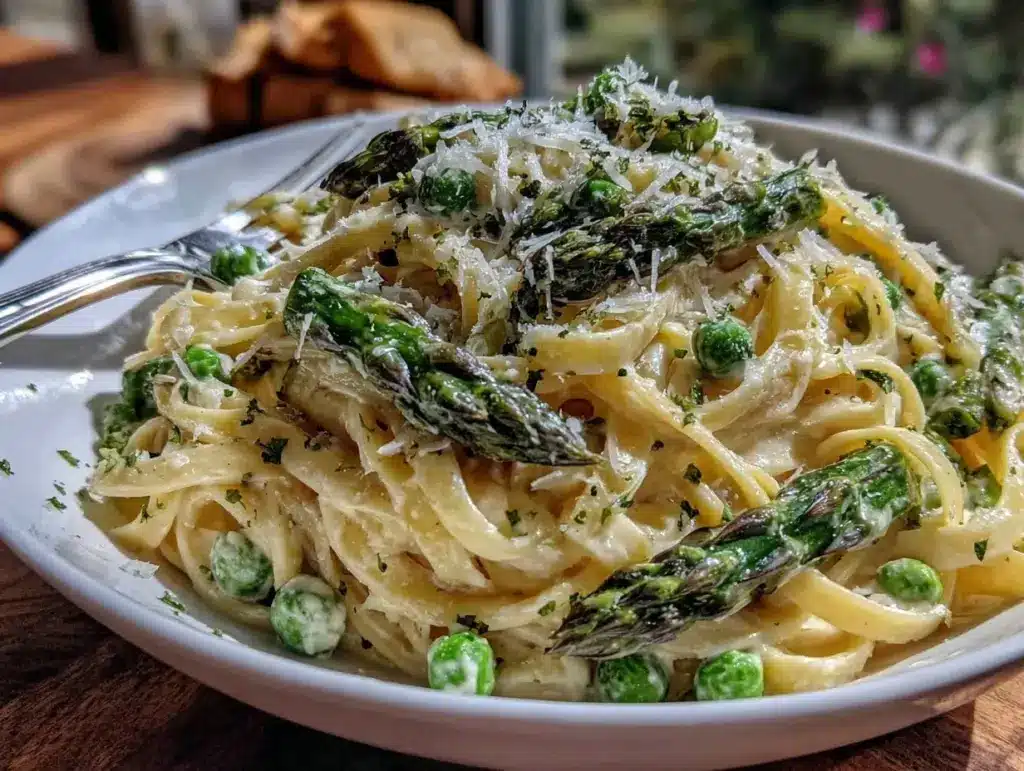 creamy one-pan spring pea and asparagus pasta - featured image