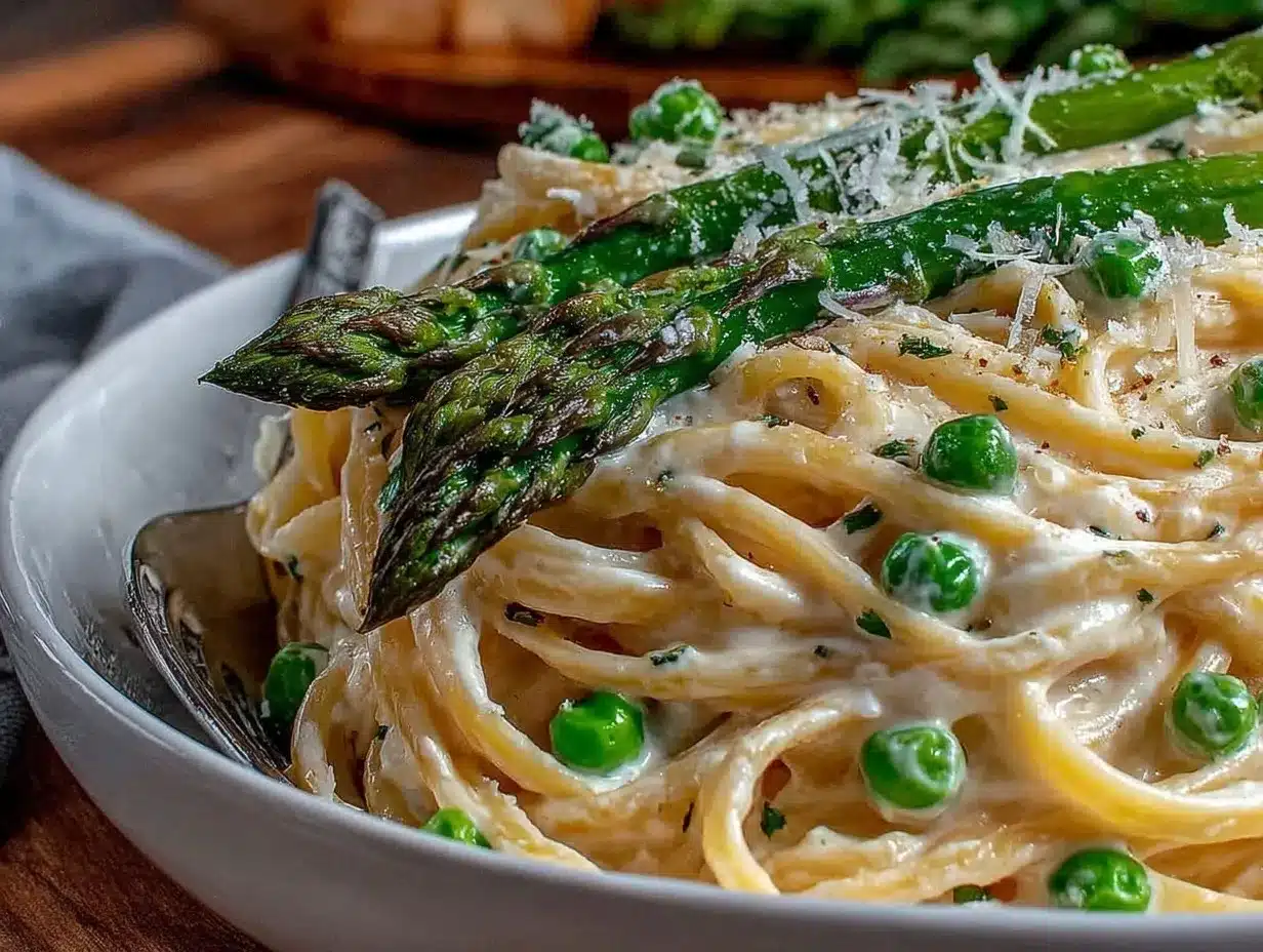 creamy one-pan spring pea and asparagus pasta preparation steps