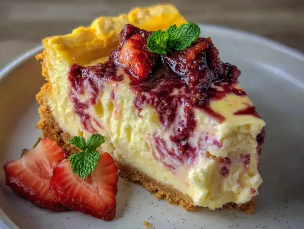 creamy roasted strawberry compote swirl cheesecake - featured image
