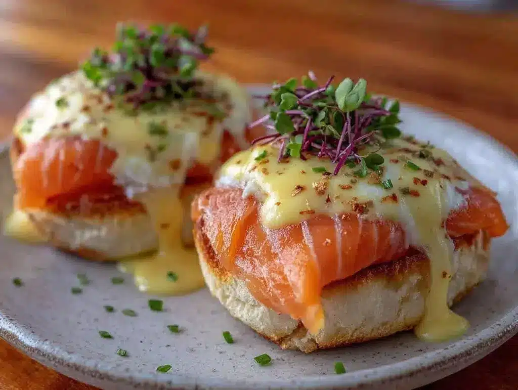 creamy smoked salmon eggs benedict - featured image