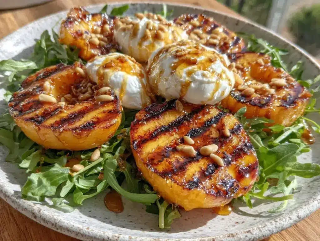 fresh grilled peach and arugula salad - featured image