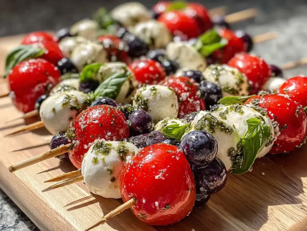 fresh red white and blue caprese skewers - featured image