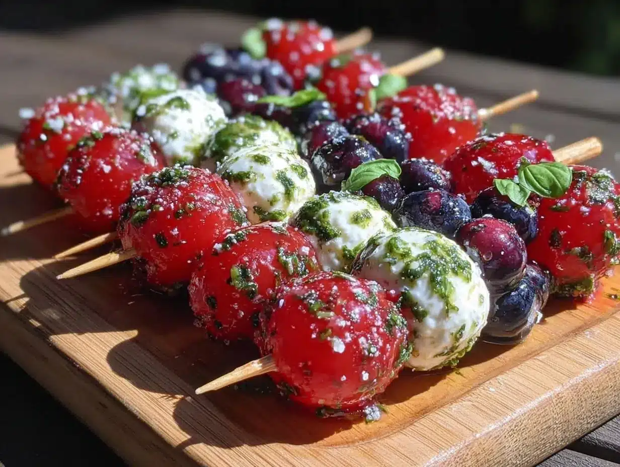 fresh red white and blue caprese skewers preparation steps