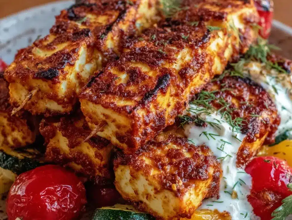 grilled halloumi vegetable kebabs - featured image