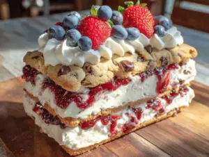 patriotic ice cream sandwich layer cake - featured image