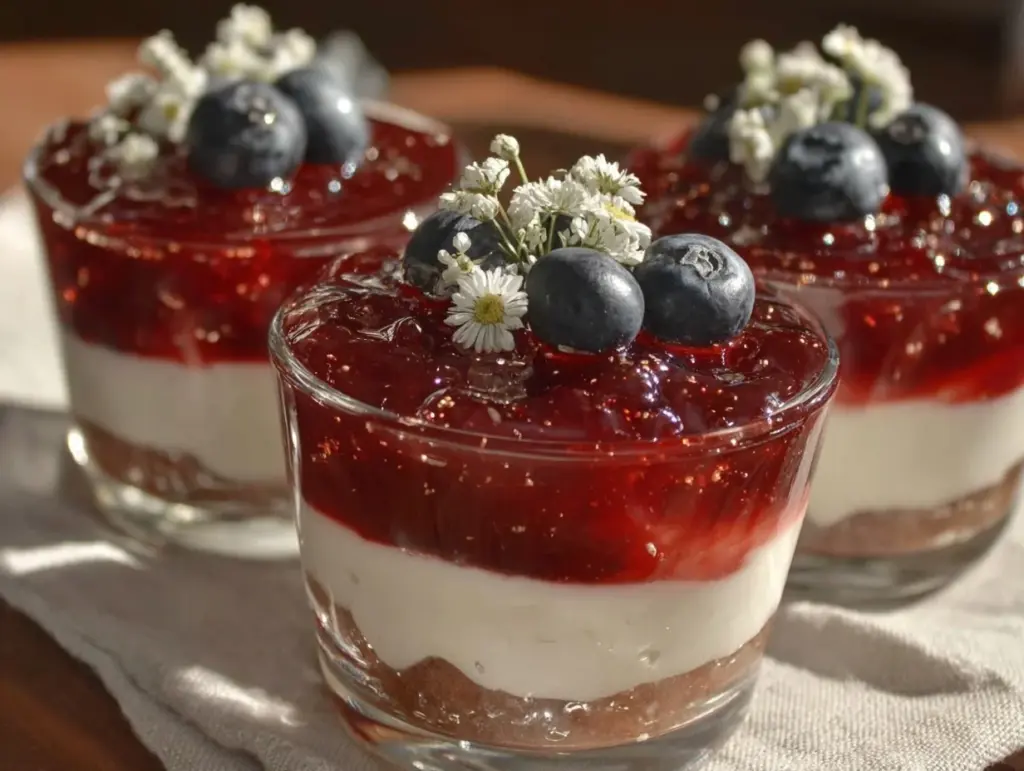 red white and blue layered jello parfait - featured image