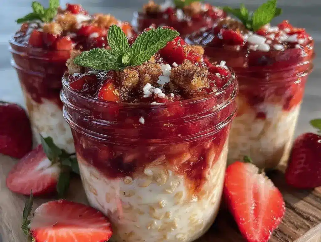 strawberry rhubarb overnight oat crumble jars - featured image