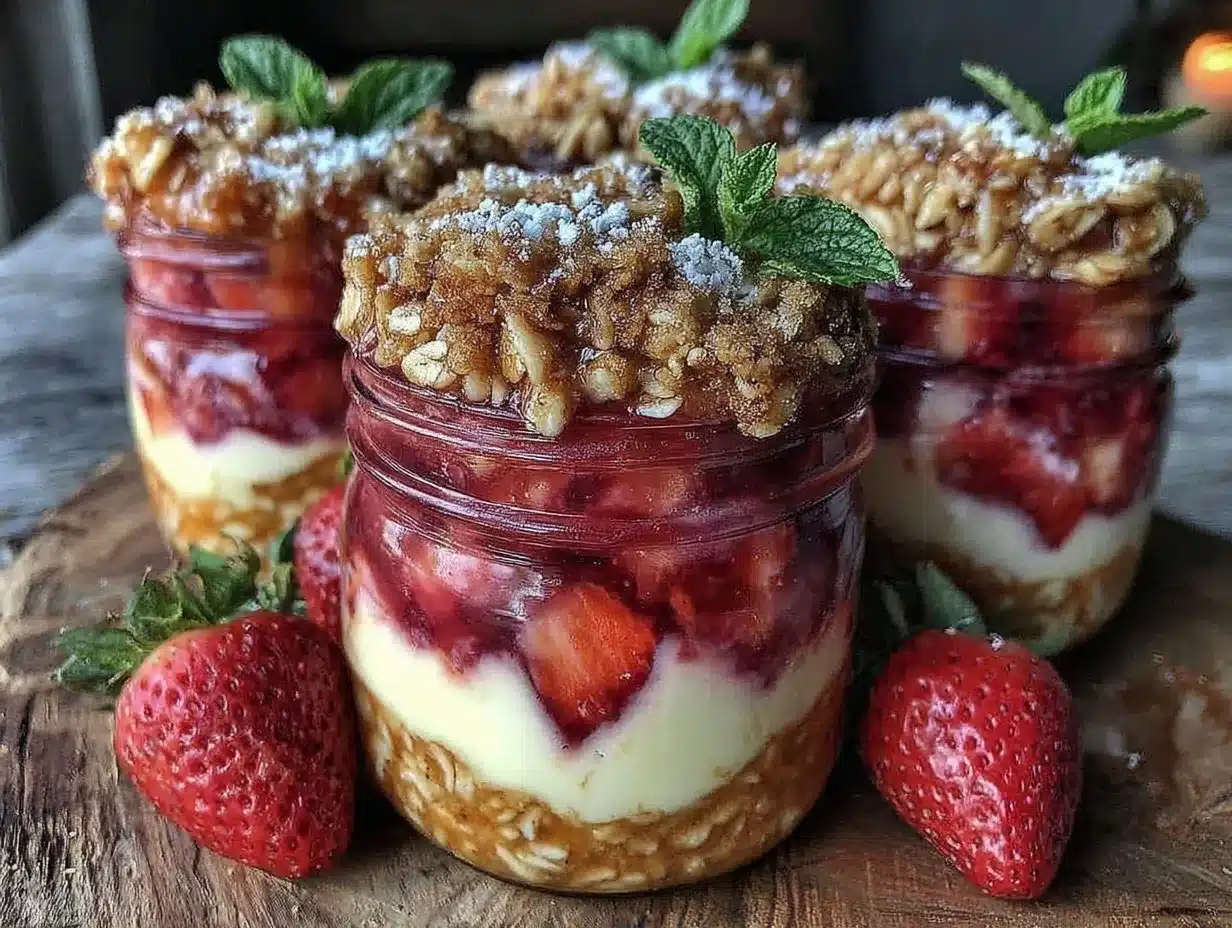 strawberry rhubarb overnight oat crumble jars preparation steps