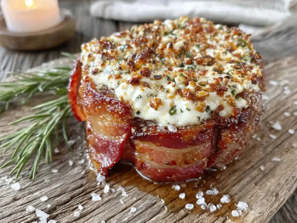 bacon-wrapped filet mignon with blue cheese crust - featured image