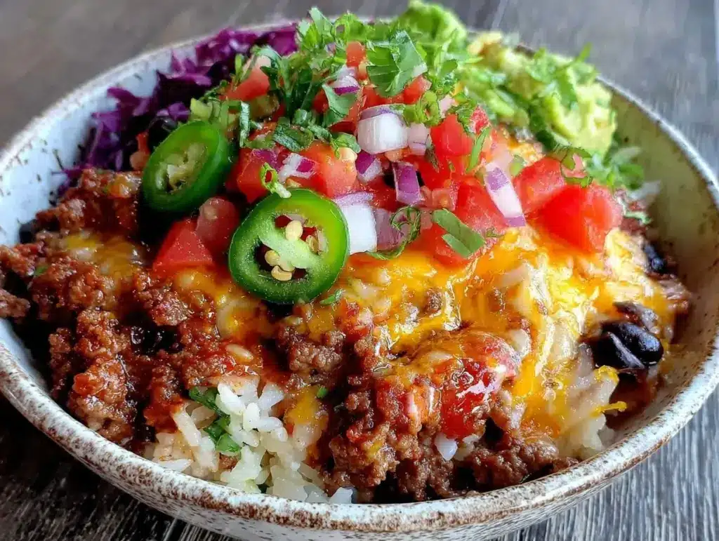 cheesy beef and rice burrito bowl - featured image