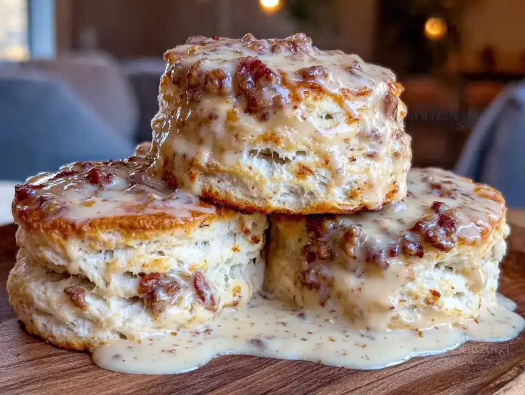 cozy fluffy buttermilk biscuits with creamy sausage gravy - featured image