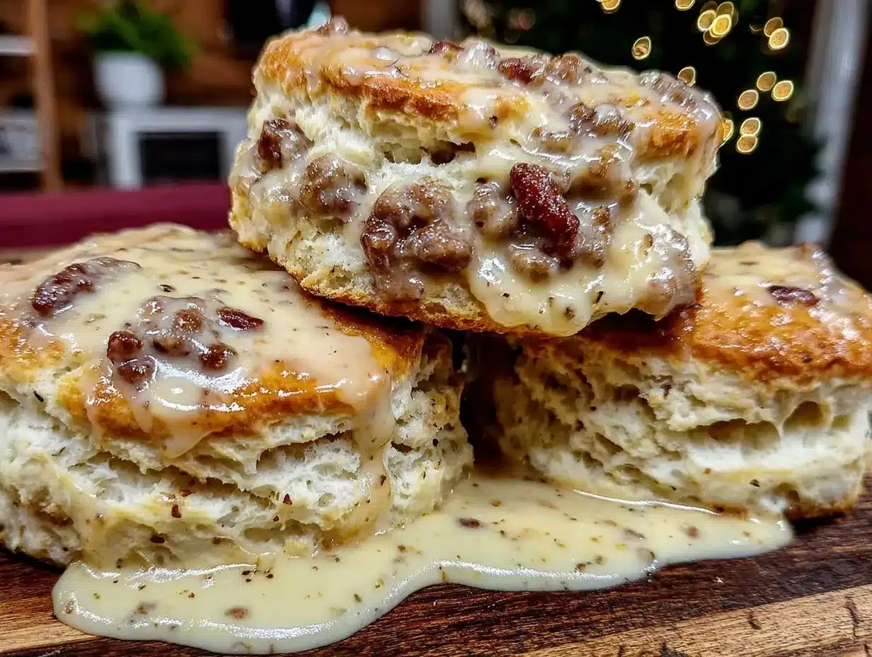 cozy fluffy buttermilk biscuits with creamy sausage gravy preparation steps