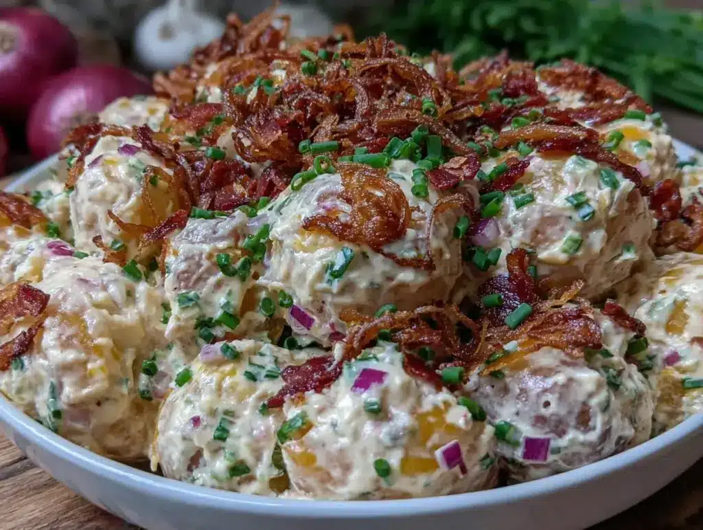 creamy bacon ranch loaded potato salad - featured image