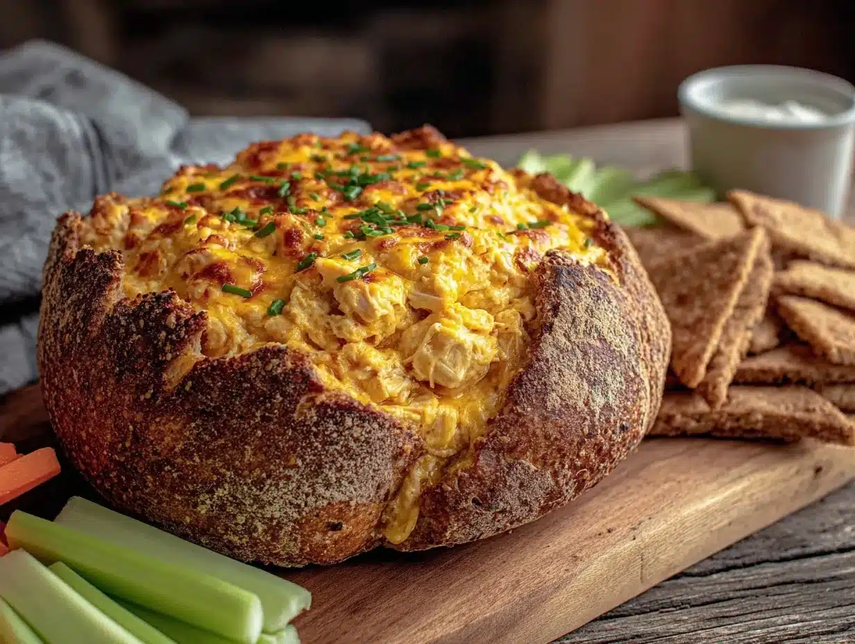 creamy buffalo chicken dip bread bowl preparation steps