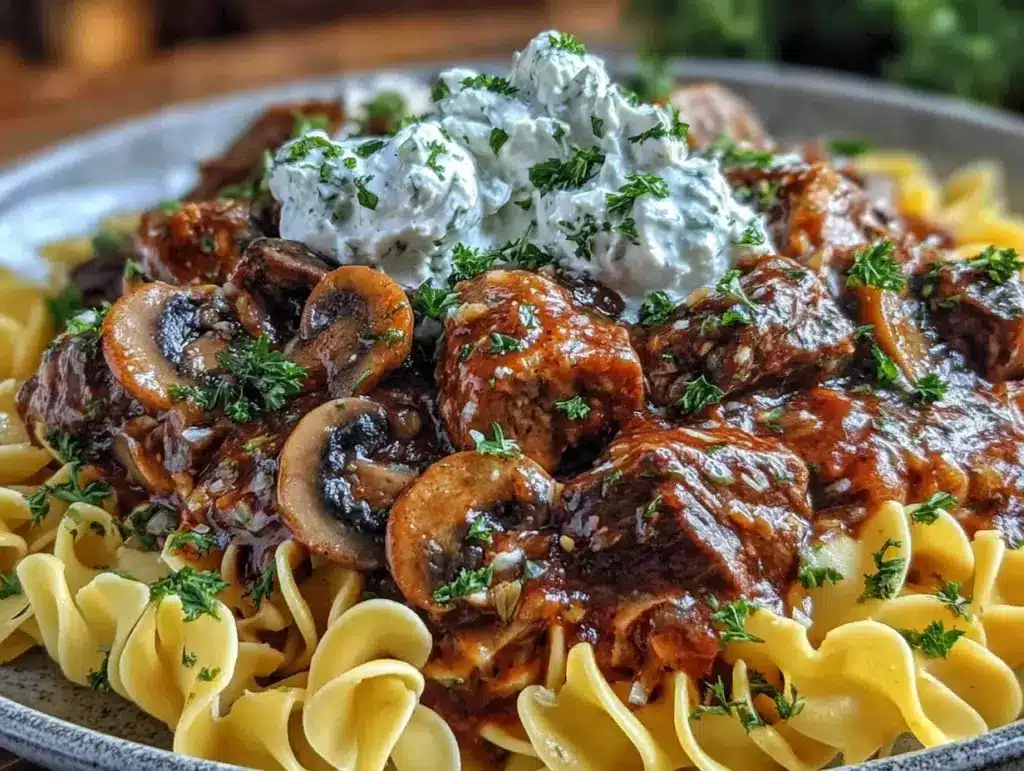 creamy crockpot beef stroganoff - featured image