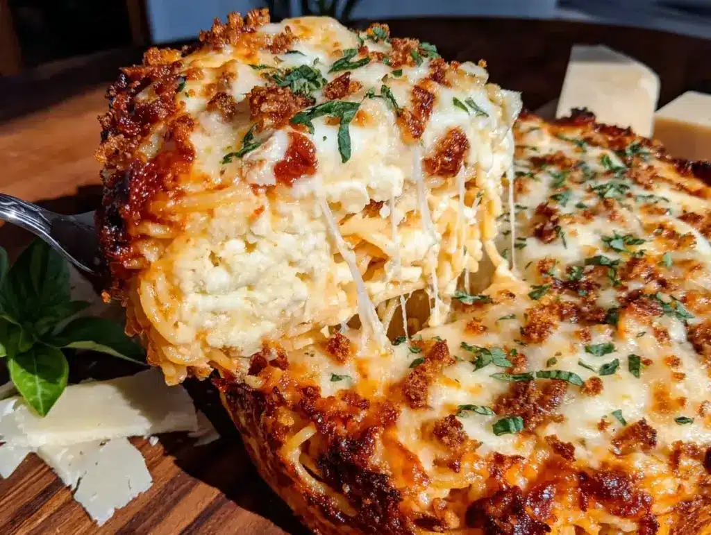 creamy million dollar spaghetti casserole - featured image