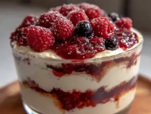 creamy red white and blue berry trifle - featured image