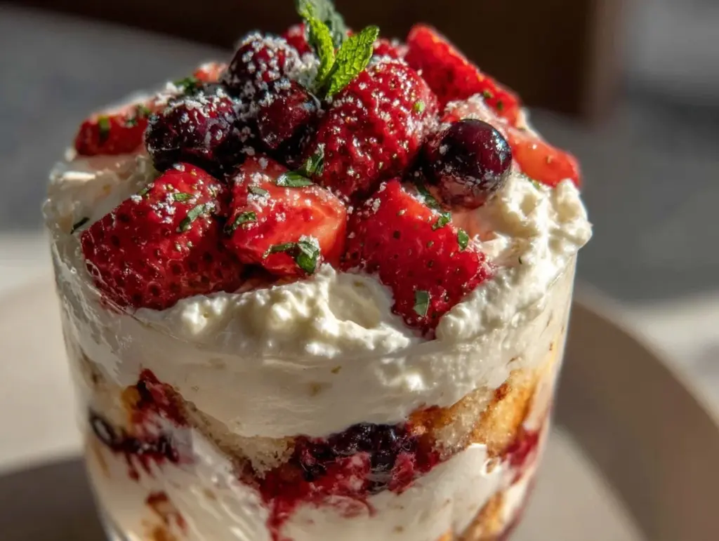 creamy red white and blue berry trifle - featured image