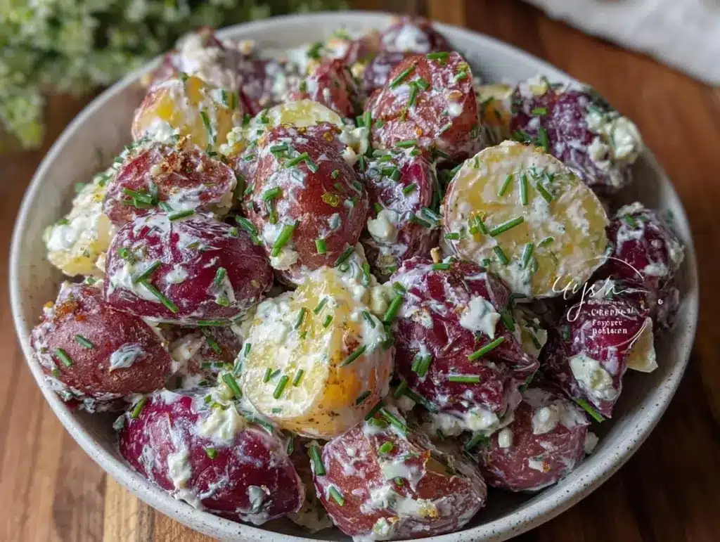 creamy red white and blue potato salad - featured image