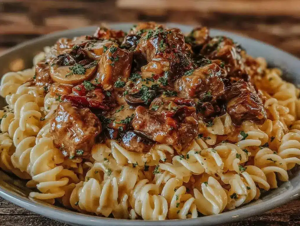 creamy slow cooker beef stroganoff - featured image