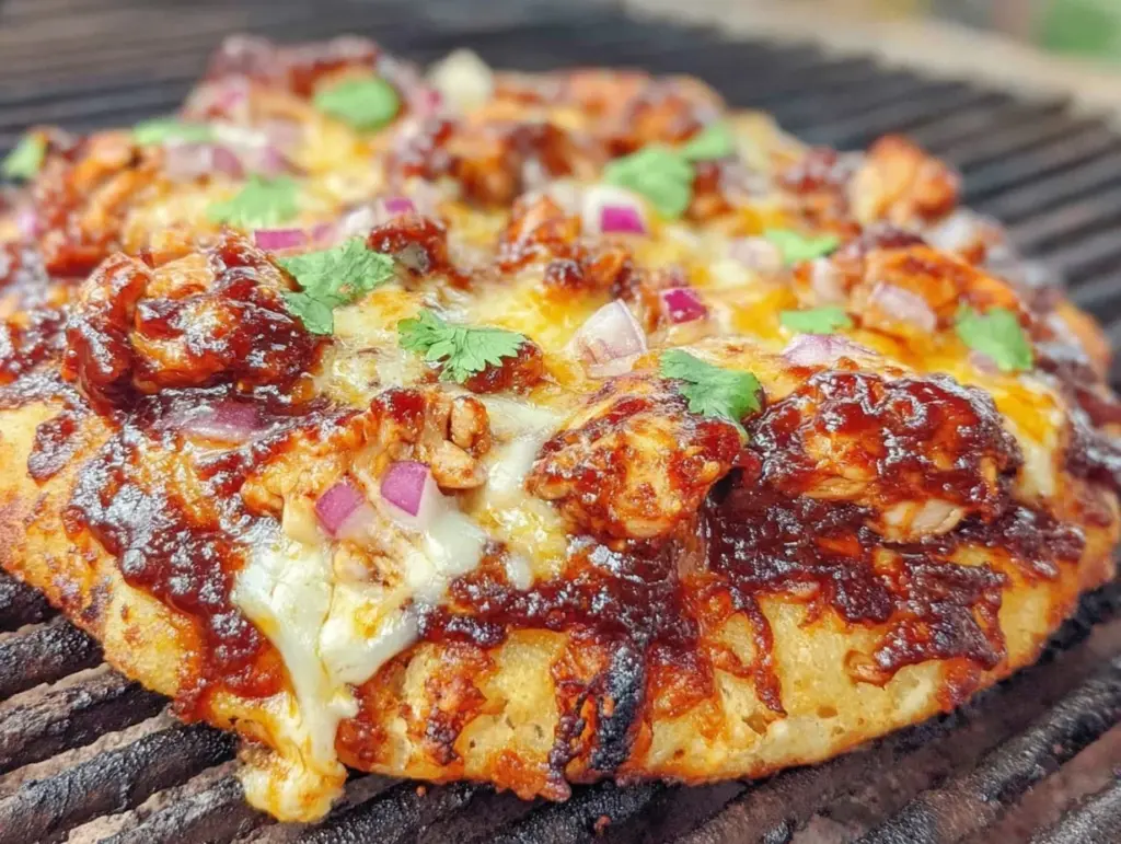 crispy BBQ chicken pizza on the grill - featured image