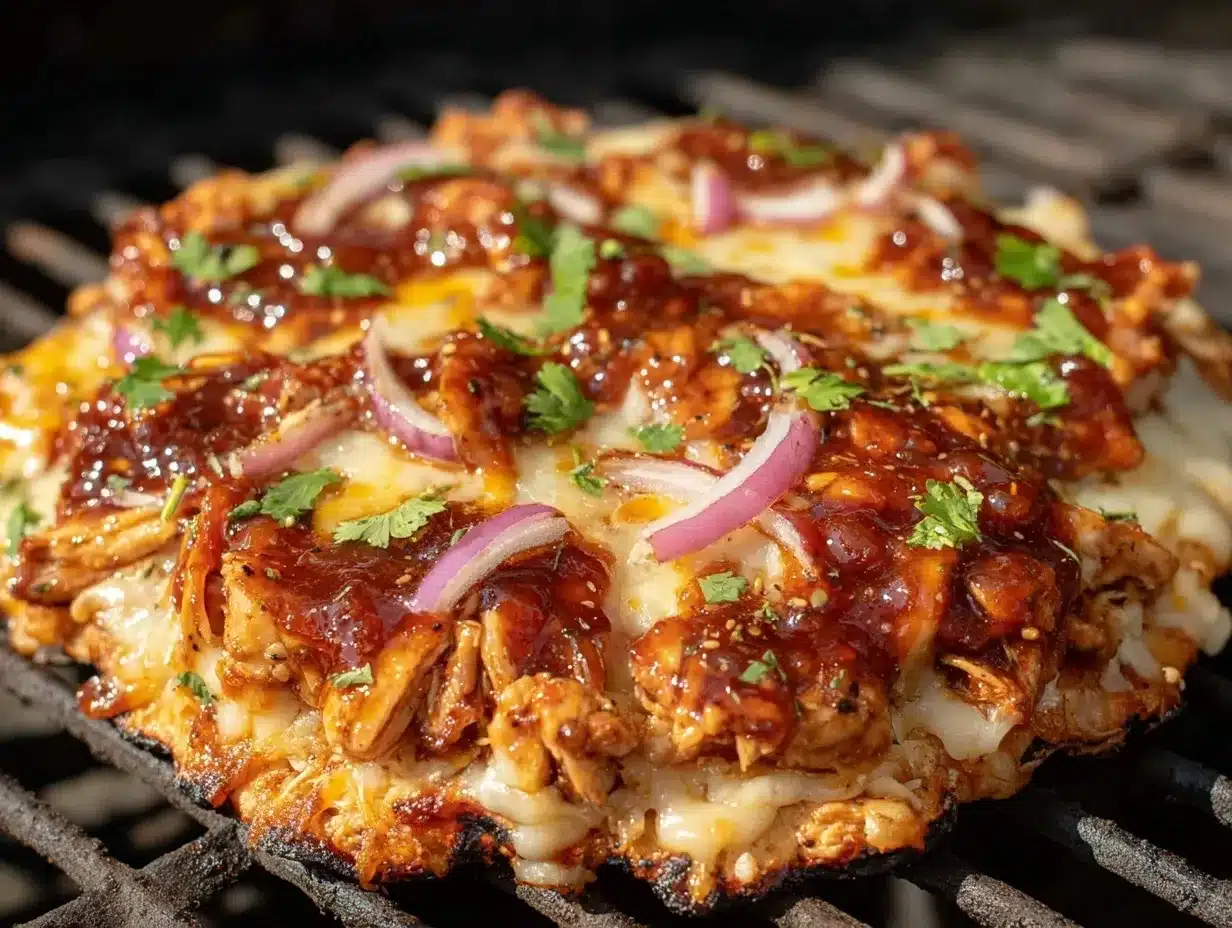 crispy BBQ chicken pizza on the grill preparation steps