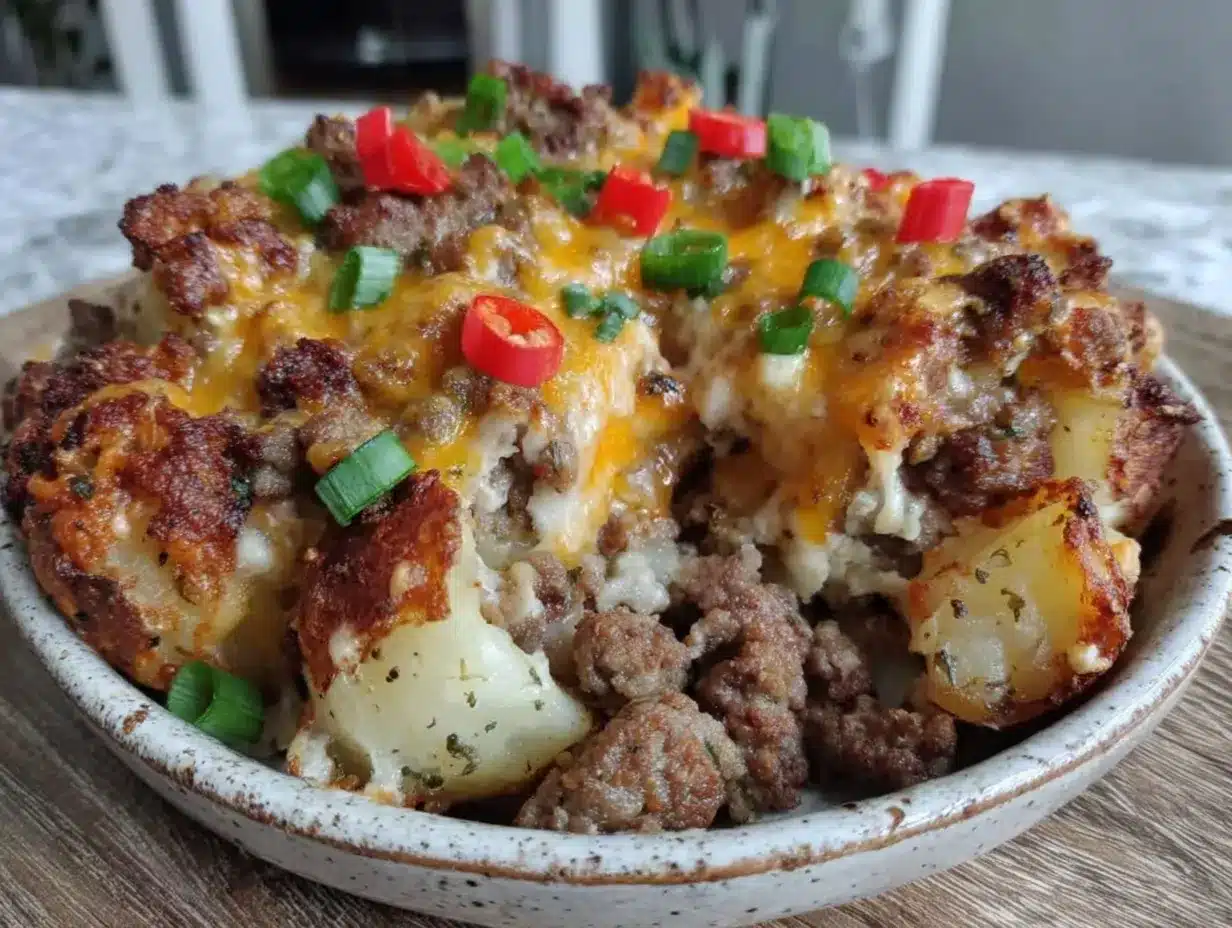 crispy loaded breakfast potato casserole with sausage preparation steps