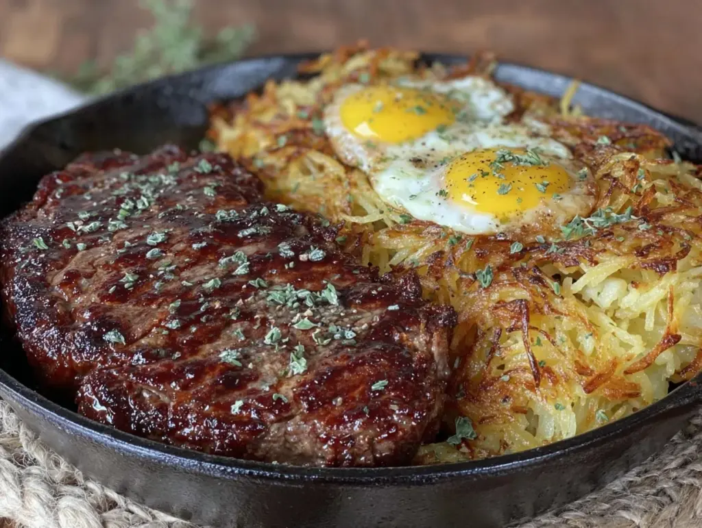 crispy steak and eggs skillet - featured image