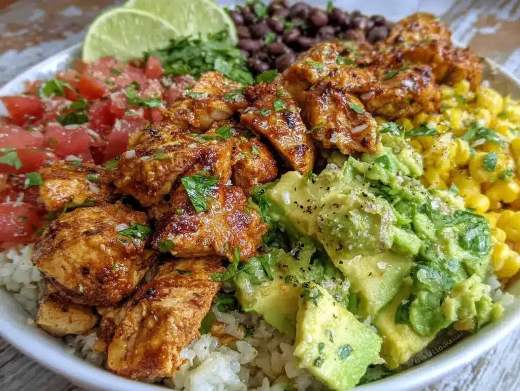 easy chipotle chicken burrito bowls - featured image