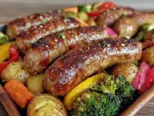 easy crispy sheet pan sausage and vegetables - featured image