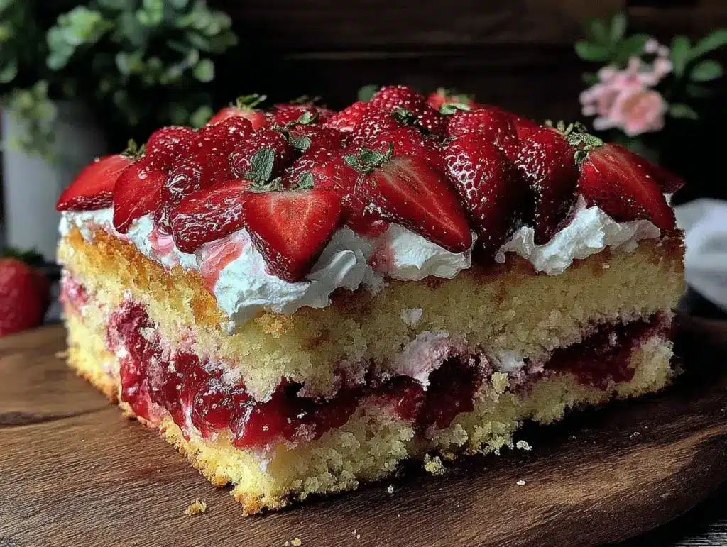 fluffy strawberry shortcake sheet cake - featured image