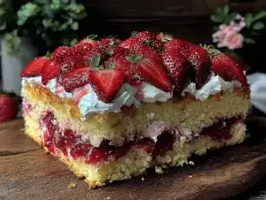 fluffy strawberry shortcake sheet cake - featured image