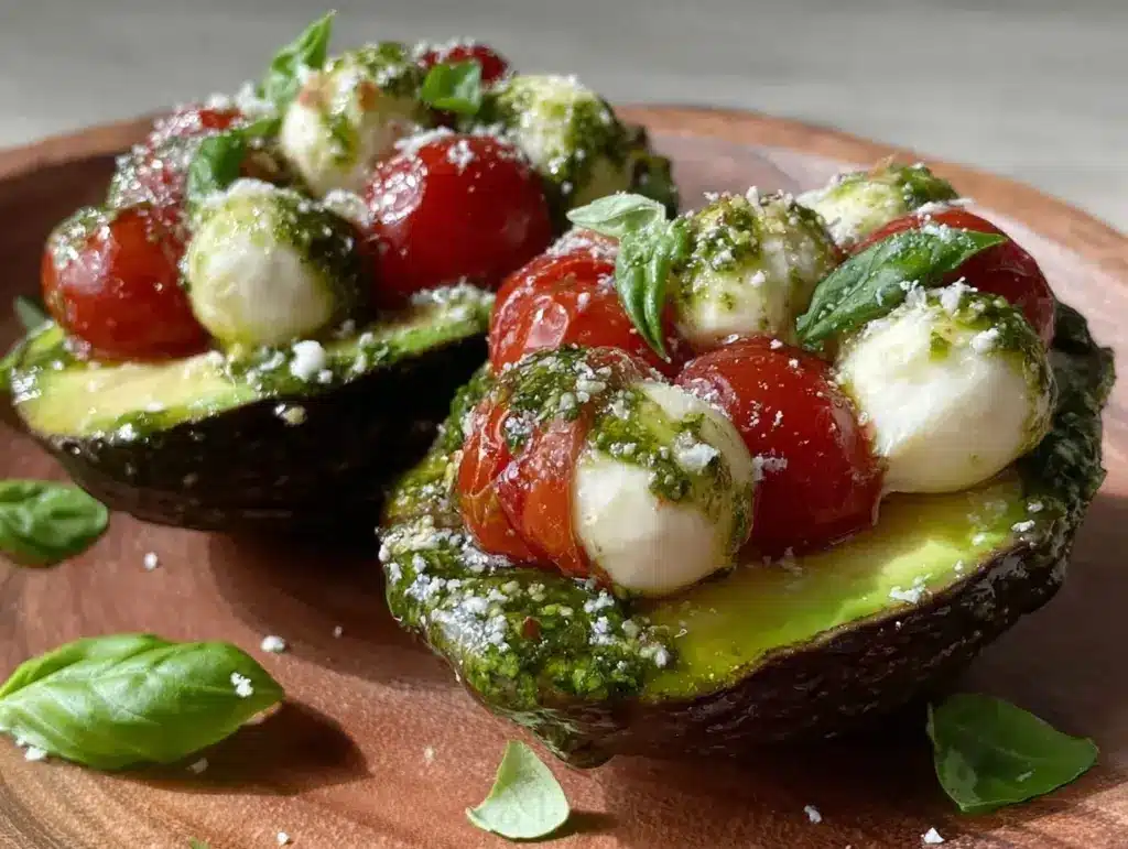 fresh caprese stuffed avocados - featured image