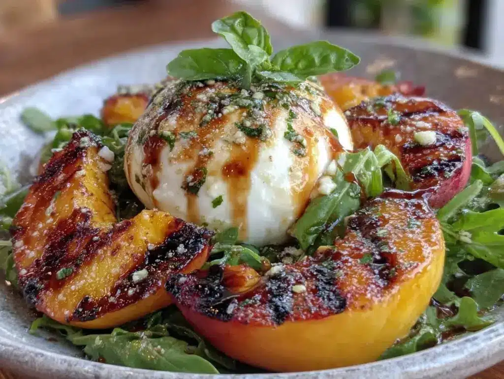 fresh grilled peach burrata salad - featured image