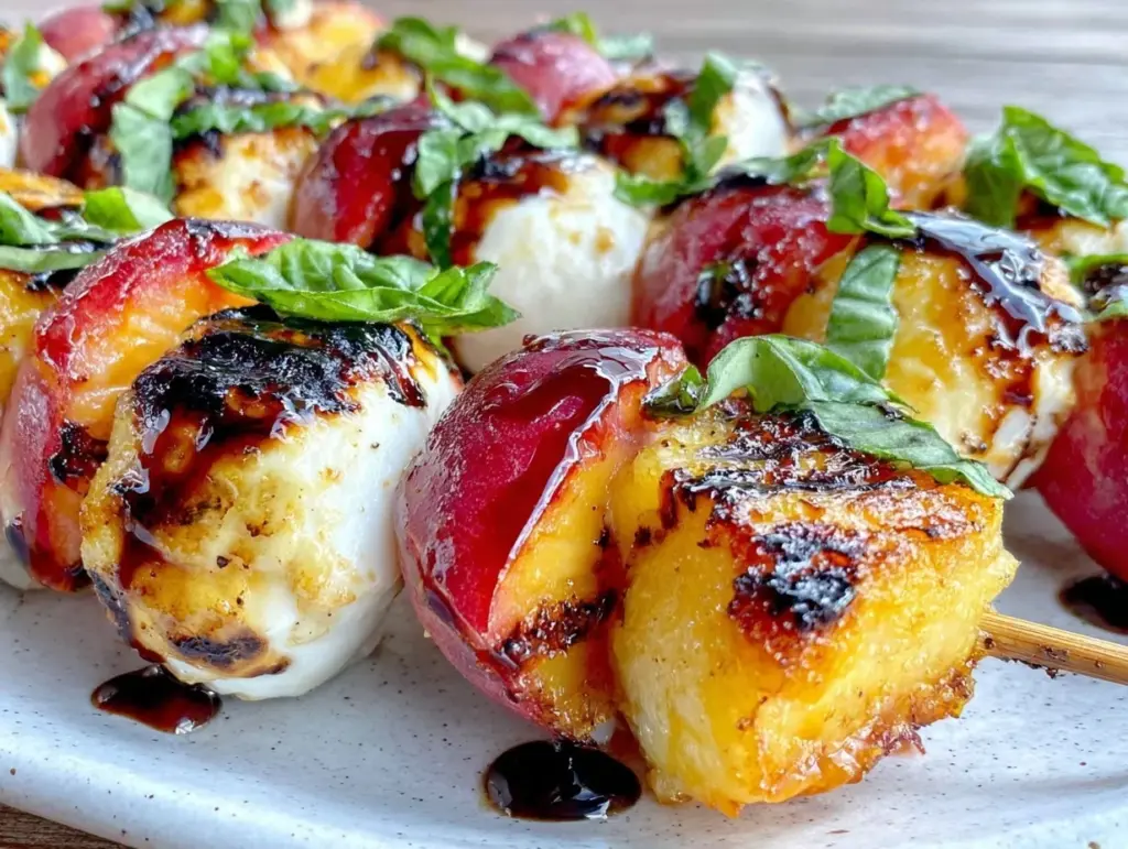 fresh grilled peach caprese skewers - featured image