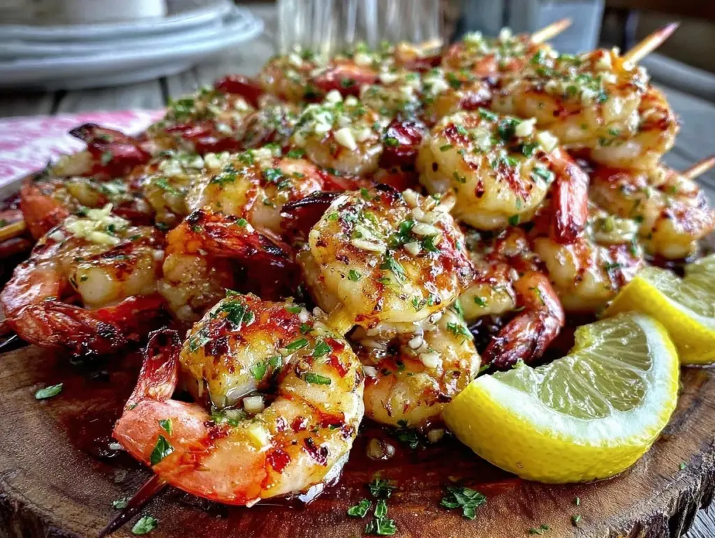 garlic butter grilled shrimp skewers - featured image