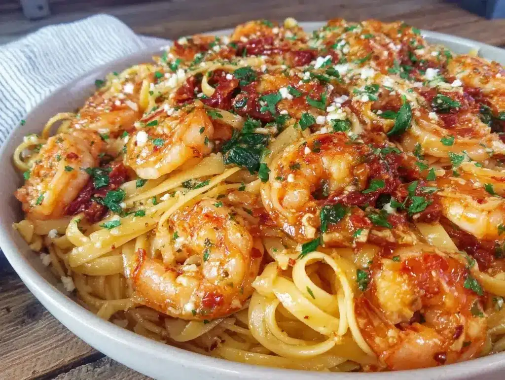 garlic butter tuscan shrimp linguine - featured image