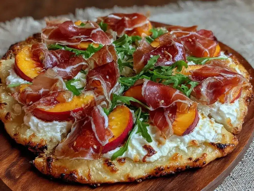grilled peach and prosciutto flatbread - featured image