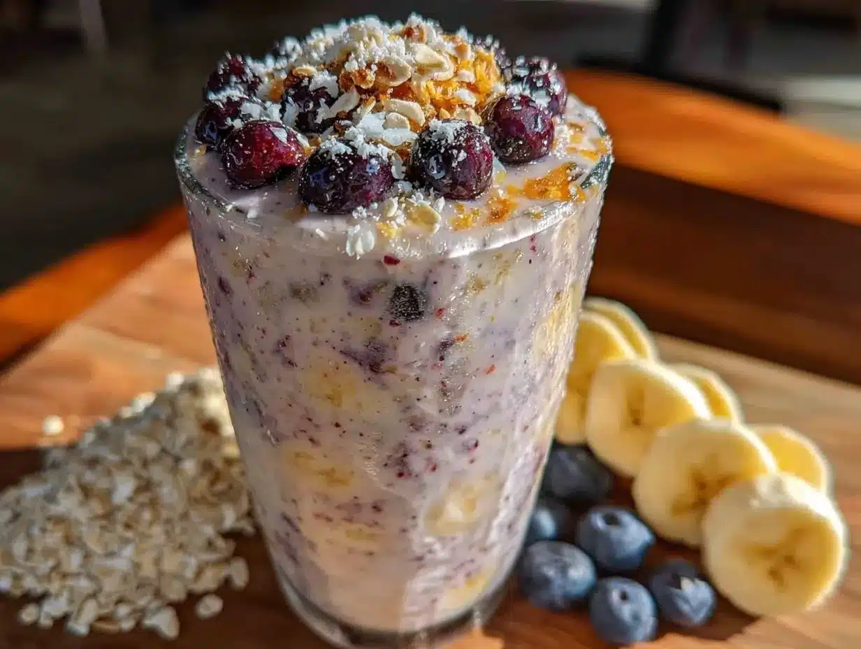 healthy protein-packed blueberry banana oat smoothie preparation steps