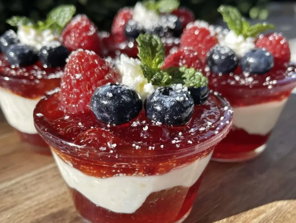 red white and blue layered jello shots - featured image
