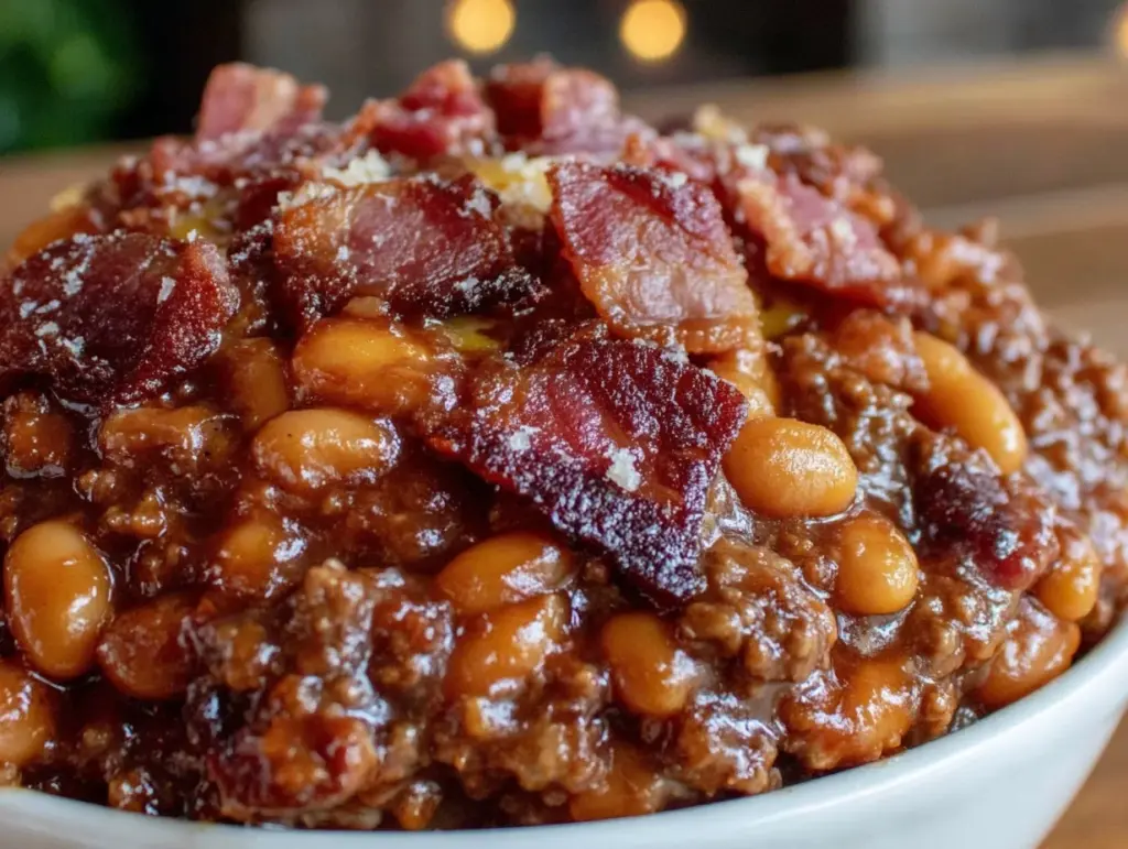smoked baked beans with ground beef and bacon - featured image