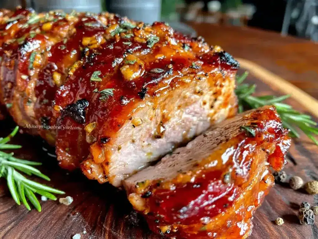 whiskey maple glazed bacon-wrapped pork tenderloin - featured image