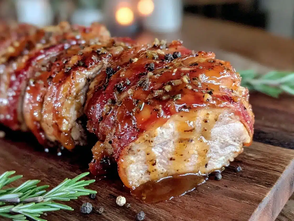 whiskey maple glazed bacon-wrapped pork tenderloin preparation steps