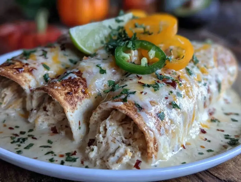 creamy green chile chicken enchiladas - featured image